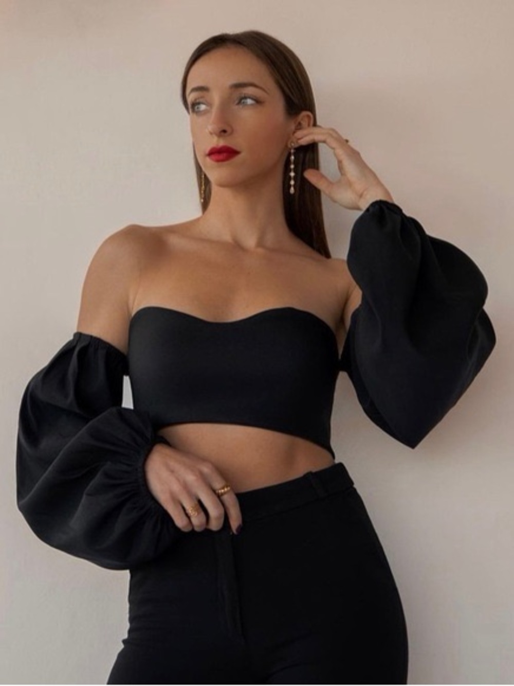 NWT Zara Black Balloon Sleeve Crop Top Puff Sleeve Party Blouse Sz M